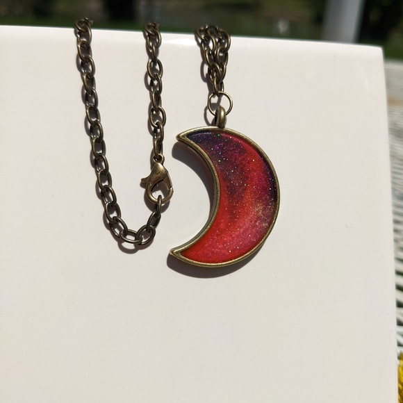 Crescent Moon Bronze Necklace Handmade Resin Artisan Hand Crafted Jewelry - Picture 6 of 9